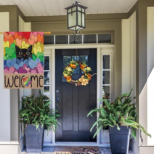 Louise Maelys Pride Month Garden Flag Rainbow Black Cat 28x40 Inch Double Sided Large Burlap Love Heart Gay Lesbian LGBTQ Yard Outdoor Sign Outside Home House Decor