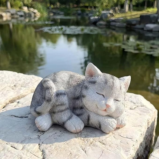 Sleeping Grey Tabby Garden Statue - Resin Realistic Mini Cat Sculpture, Pet Loss Memorial Stone, for Cat Lovers, Indoor/Outdoor Decor, Animal Figurine for Yard Ornaments