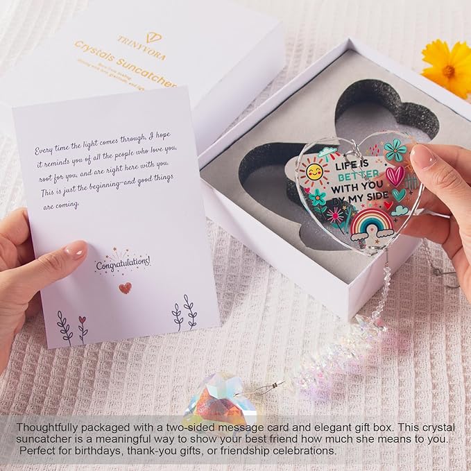 Gifts for Girlfriend, Best Friend, Sisters, Mom,Daughters,Crystal Suncatcher Ornament with Quote “Life is Better with You by My Side”Birthday Gifts,Window Hanging Decor