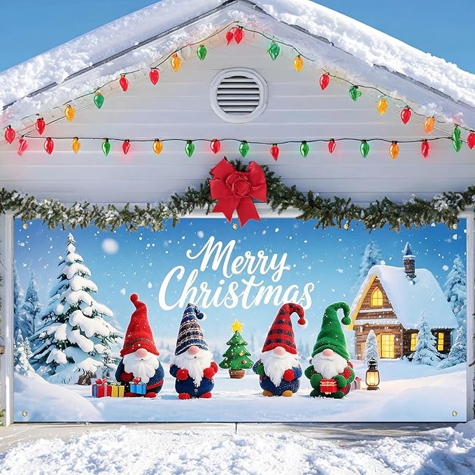 IVN Christmas Garage Door Cover Decoration 13x6ft Gnomes with Snowy Cottage and Pine Trees Merry Christmas Garage Door Banner Home Door Front Yard Decor for Xmas Eve Holiday Outdoor