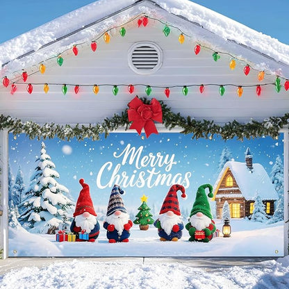 IVN Christmas Garage Door Cover Decoration 13x6ft Gnomes with Snowy Cottage and Pine Trees Merry Christmas Garage Door Banner Home Door Front Yard Decor for Xmas Eve Holiday Outdoor