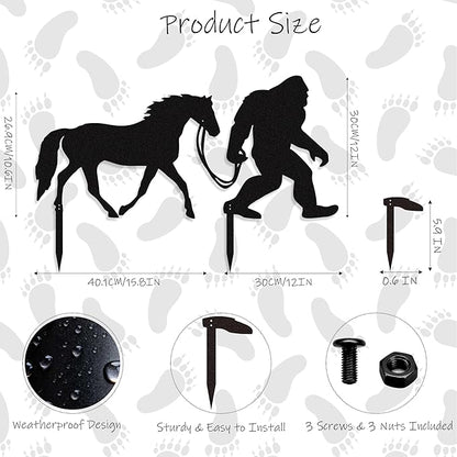 Bigfoot Garden Stake – Metal Sasquatch Statue Walking Horse on Leash – Funny Bigfoot Yard Decor, Outdoor Metal Yard Art, Sasquatch Sign for Garden & Lawn
