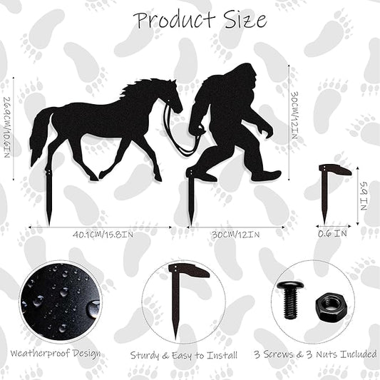 Bigfoot Garden Stake – Metal Sasquatch Statue Walking Horse on Leash – Funny Bigfoot Yard Decor, Outdoor Metal Yard Art, Sasquatch Sign for Garden & Lawn