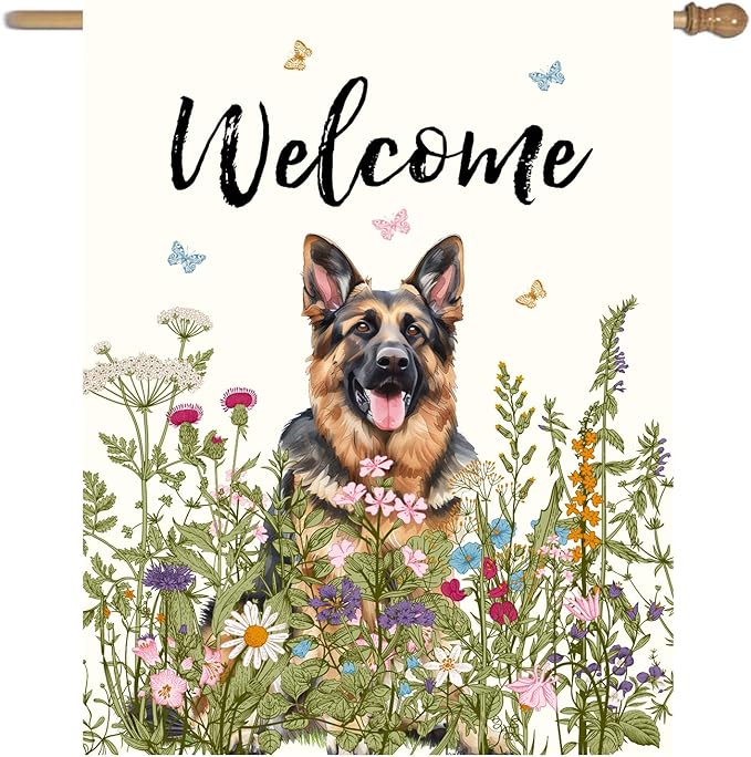 Floral German Shepherd Garden Flag Spring Summer House Flags 28 x 40 Double Sided Flower Dog Yard Flags for Outside Large Outdoor Welcome Flags