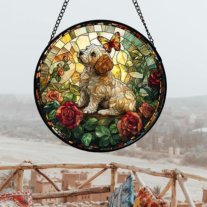DASTOLL Stained Glass Window Hanging, Cute Dog and Flowers Suncatcher for Doors Home Butterfly Sun Catchers Decoration and Christmas, Mother's Day Birthday Gifts for Women, Men, and Mom 14.9x14.9 in