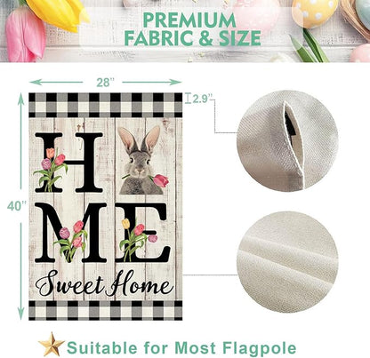 ORTIGIA Easter Bunny House Flag Double Sided 28x40 Inch Burlap Rabbit Spring Tulip Home Sweet Home Large Flag for Yard Holiday Seasonal Outdoor Outside Porch Decoration