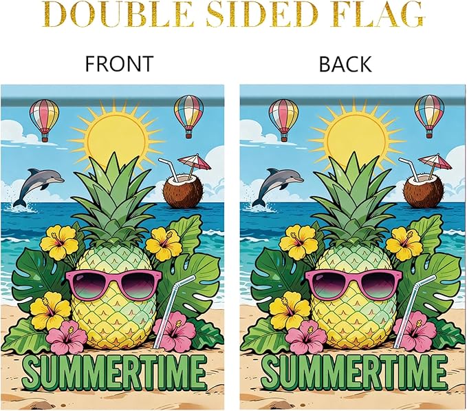Summertime Pineapple Garden Flag Tropical Beach Sunglasses Outdoor Yard Porch Lawn Garden Decor for Summer Coastal Ocean Patio Pool Party Seasonal Home Display