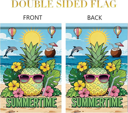 Summertime Pineapple Garden Flag Tropical Beach Sunglasses Outdoor Yard Porch Lawn Garden Decor for Summer Coastal Ocean Patio Pool Party Seasonal Home Display
