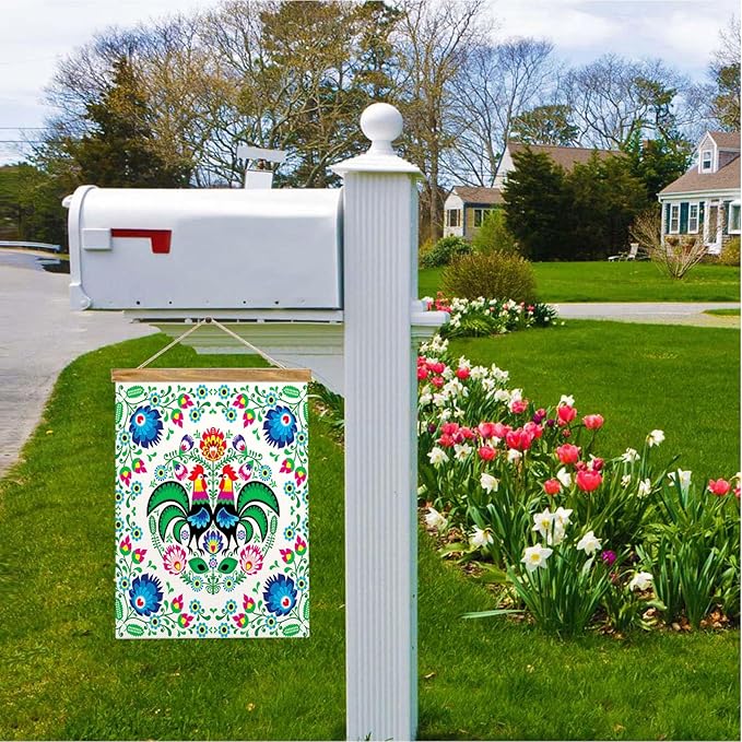 Mugod Rooster Garden Flag 12.5X18 Vertical Double Sided, Polish Floral Folk Art Colorful Flowers Leaves Yard Flag Burlap Banners for Seasonal Farmhouse Outside Decor