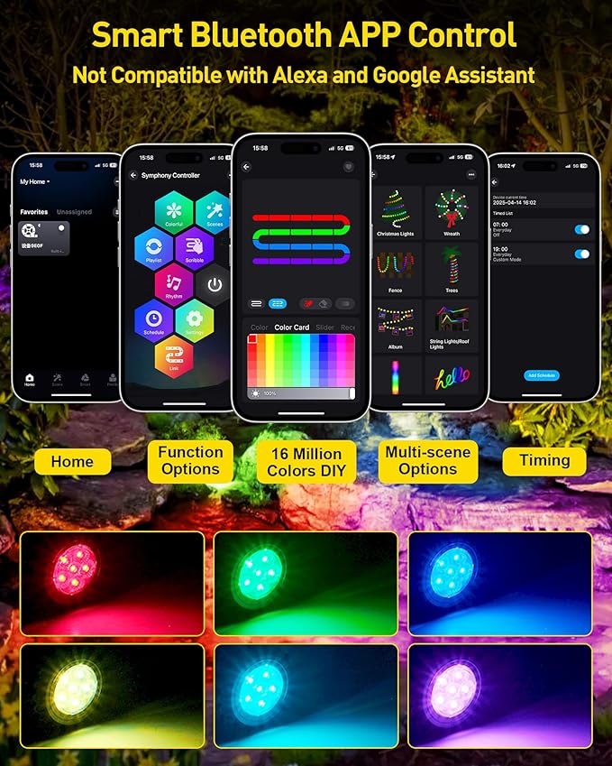 T-SUN Underwater LED Pond Lights – IP68 Waterproof Submersible Fountain Lights with Bluetooth App & Remote, 16 Million Colors Underwater Lighting for Koi Ponds/Garden Water Features Aquarium (10-Pack)