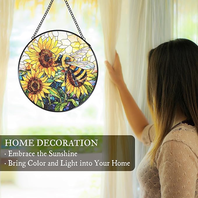 Vintage Bee Sunflower Stained Glass Window Hanging Suncatcher, Bumble Bee Sunflower Sun Catcher for Window Door Home Office Decor, Rustic Painted Glass Wall Hanging Decorations 7.8x7.8 in