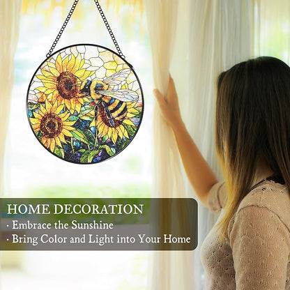 Vintage Bee Sunflower Stained Glass Window Hanging Suncatcher, Bumble Bee Sunflower Sun Catcher for Window Door Home Office Decor, Rustic Painted Glass Wall Hanging Decorations 7.8x7.8 in