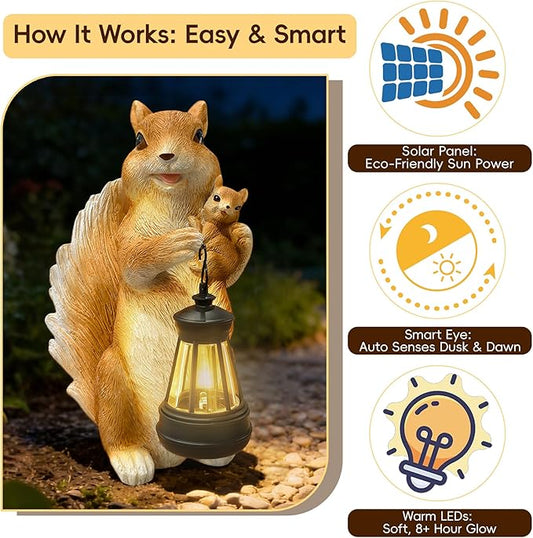 Solar Garden Statues, Cute Smiling Animal Outdoor Decor with 8 Bright LED Lights for Patio Yard Balcony Perfect Mother‘s Day Birthday Housewarming Garden Gift (Orange White Squirrel)