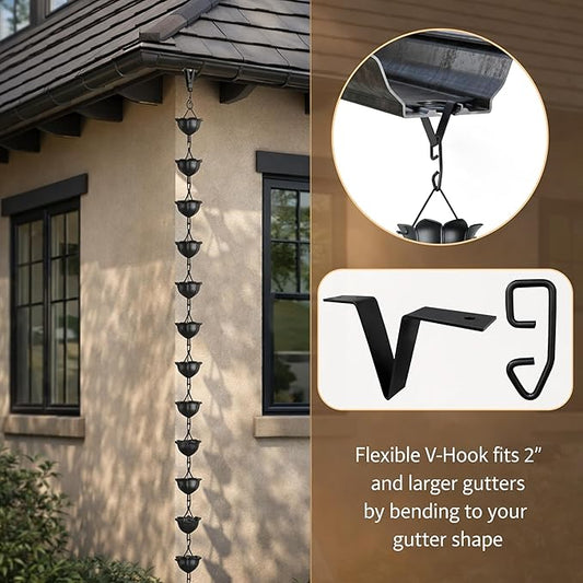 Gardzen Aluminum Rain Chain for Gutter, 8.5 Feet Decorative Rainchain with 13 Flower Cups, Heavy Duty Outside Rain Catcher for Eaves Drainage, Black