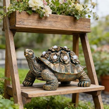 Outdoor Solar Turtle Decor, Resin Succulent Turtle Statue with Waterproof LED Lights, Garden Gift for Plant Lovers for Patio, Balcony, Yard Ornament
