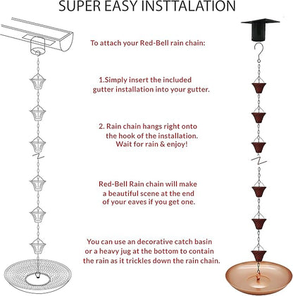 8.5FT Bell Iron Rain Chains for Gutter and Rain Barrel, Rust-Resistant Plated Garden Décor for Downspout, Bonus Rain Chain Gutter Adapter (Antique-Red)