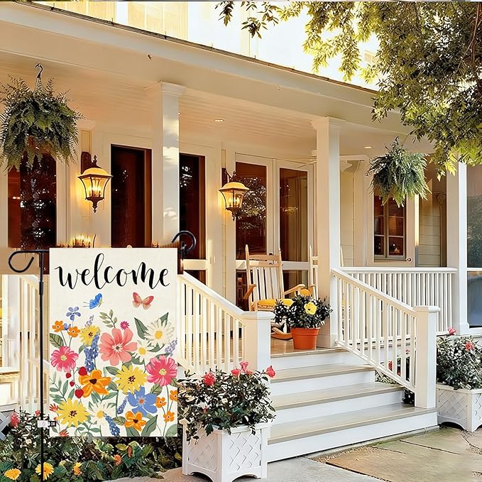 Baccessor Spring Summer Welcome Garden Flag Double Sided 12.5 x 18 Inch Burlap with Clip and Stopper,Floral Butterflies Flag Seasonal Farmhouse Front Yard Lawn Outside Outdoor Decoration