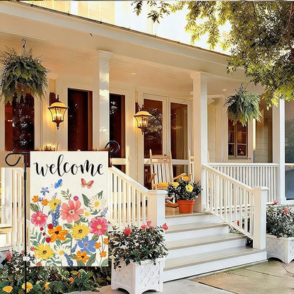 Baccessor Spring Summer Welcome Garden Flag Double Sided 12.5 x 18 Inch Burlap with Clip and Stopper,Floral Butterflies Flag Seasonal Farmhouse Front Yard Lawn Outside Outdoor Decoration