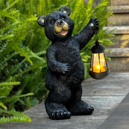 Solar Black Bear Garden Statue - 14" Resin Figurine with Solar LED Lantern, Auto On/Off Waterproof Decor, Dual Use Indoor Outdoor Light for Patio Yard Porch
