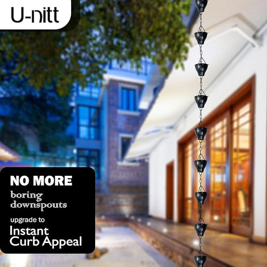 U-nitt Rain Chain Water Collection for Gutters Rainwater Catcher & Diverter, 8.5 FT Chains for Outside Garden, Sunflower Cups, Roof Downspout, Works with Heavy Rain, w/Gutter Clip for Rainchains