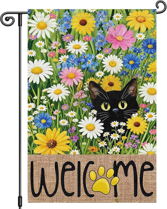 Louise Maelys Spring Summer Garden Flag Floral Daisy Black Cat Double Sided 12x18 Inch Seasonal Welcome Small Burlap Holiday Yard Sign Outdoor Outside Home Decoration