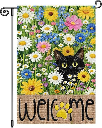 Louise Maelys Spring Summer Garden Flag Floral Daisy Black Cat Double Sided 12x18 Inch Seasonal Welcome Small Burlap Holiday Yard Sign Outdoor Outside Home Decoration