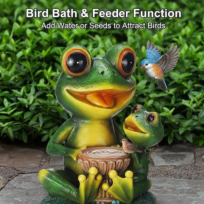 Roowest Solar Garden Statue Frog with Bird Bath, Mother & Child Frog Outdoor Decor with LED Light, Waterproof Resin Yard Ornament, Cute Frogs Gift for Mom Grandma Women, Patio Lawn Balcony Decoration
