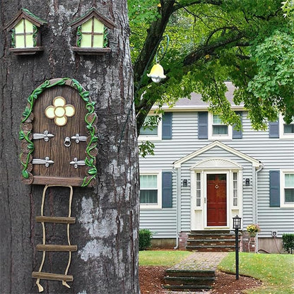 Fairy Garden Decor Fairy Door and Windows for Trees, Glow in The Dark Yard Sculpture Lawn Ornament Mini Garden Art Outdoor Decor Accessories with Lantern (C)