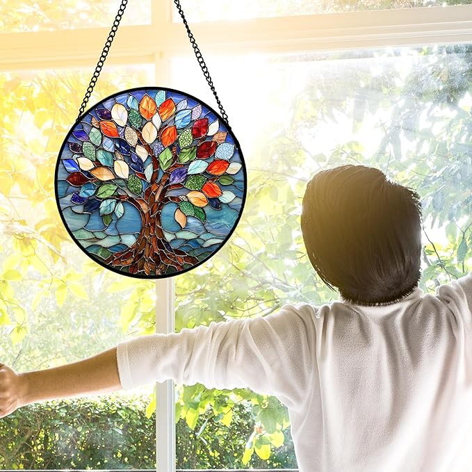 DASTOLL Stained Glass Window Hanging, Colorful Tree of Life Sun Catchers Glass Panel Blue Suncatcher Decor for Birthday for Women, Men, Wife, Aunt, and Mom 11.8x11.8 in