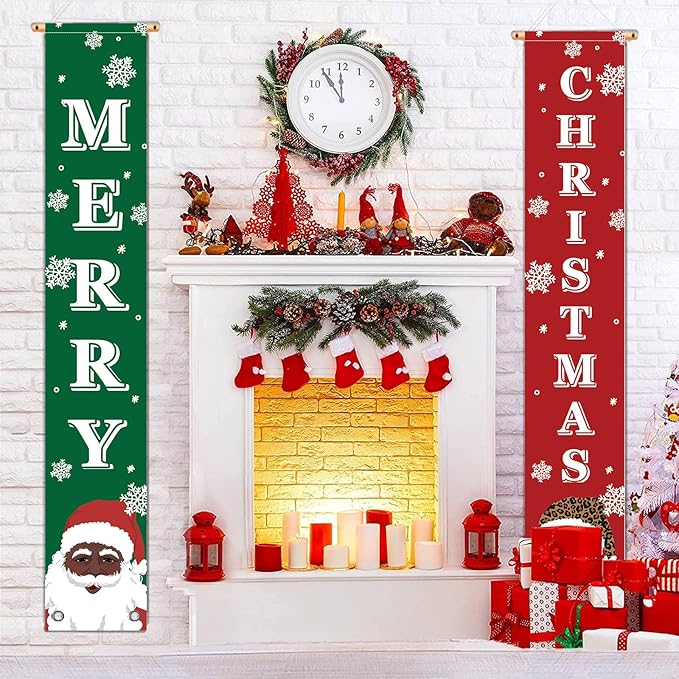 Merry Christmas Banner- Christmas Door Banner 71"x 12" Hanging Black Santa African American Santa Holiday Door Porch Sign for Indoor Outside Yard Garden Party Decor