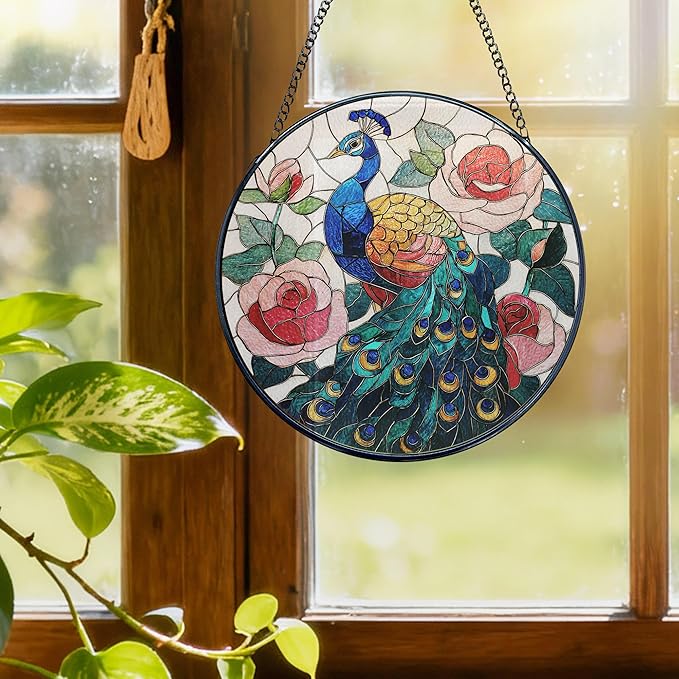 Peacock Stained Glass Window Hanging, Peacock Suncatchers, Bird Rose Flowers Sun Catchers Indoor Window Round Glass Wall Art Hanging Decorations, 7.9x7.9in