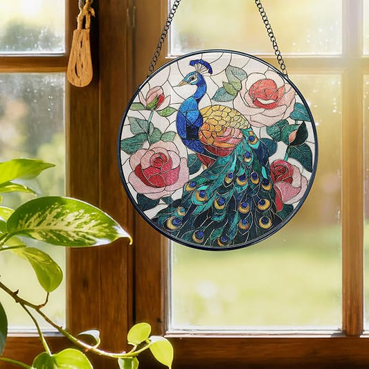 Peacock Stained Glass Window Hanging, Peacock Suncatchers, Bird Rose Flowers Sun Catchers Indoor Window Round Glass Wall Art Hanging Decorations, 7.9x7.9in
