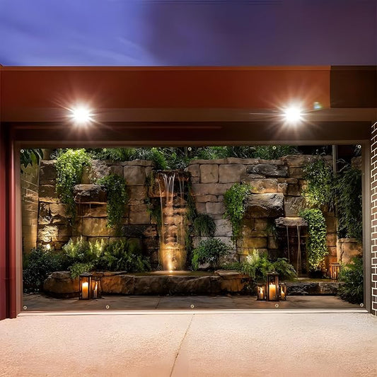 Garage door banner cover, 6x13 ft stone walls and waterfalls background, Large Outdoor Backyard Landscape Decoration (Stone-wall-Waterfall)