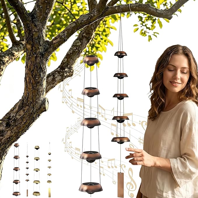 Quintet Brass Wind Chimes 35-Inch, Red Copper/Brasss Wind Chimess, Handcrafted Coppers Wind Chimess Deep Tone for Outside, Large Feng Shui Wind Chimes, Hanging Decor (1*Red Copper)