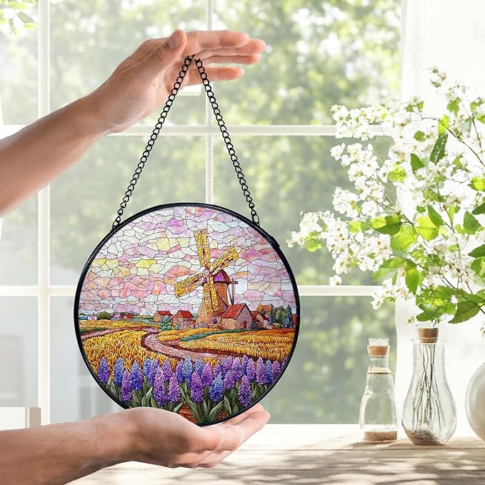 Wildflower Windmill Landscape Suncatchers Stained Glass Window Hanging, Cottagecore Flower Sun Catchers Indoor Window Glass Round Wall Decor, Floral Wall Hanging Decorations, 7.9x7.9in