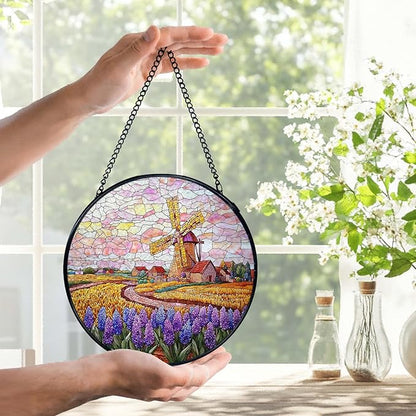 Wildflower Windmill Landscape Suncatchers Stained Glass Window Hanging, Cottagecore Flower Sun Catchers Indoor Window Glass Round Wall Decor, Floral Wall Hanging Decorations, 7.9x7.9in