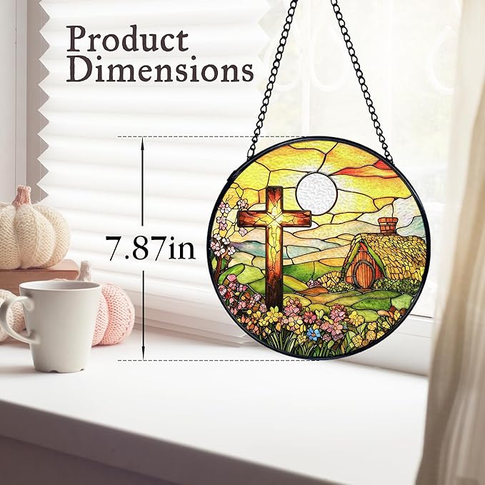 kdqua Cross Suncatcher Stained Glass Window Hanging, Christian Cross Wildflower Sunshine Sun Catchers Indoor Window Glass Round Wall Decor, Religious Wall Art Hanging Decorations Statues, 7.9x7.9in