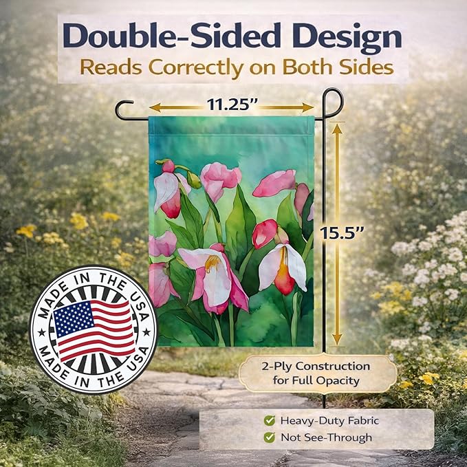 Caroline's Treasures Minnesota Pink and White Lady�s Slippers in Watercolor Garden Flag Mailbox Flag Decorative Yard Flag Banner Outside Patio Artwork Yard Flower Beds, Garden Size, Multicolor