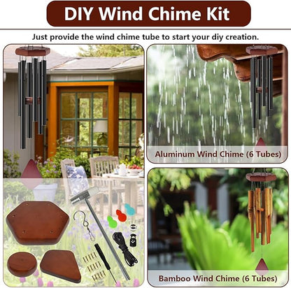 Wind Chime Kit 28 PCS Wind Chime Replacement Parts Including Hexagon Top, Clapper, Wind Catcher, 19.6FT Nylon Cord, DIY Wood Windchime Supplies (Brown)