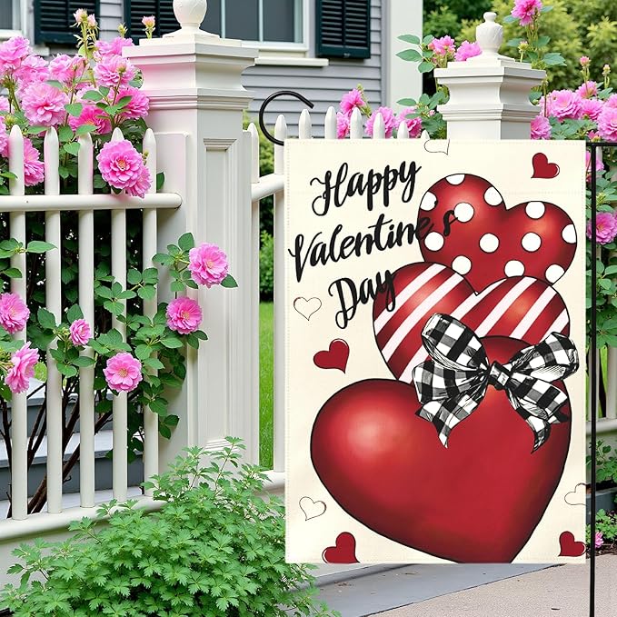 Valentines Day Garden Flag 12x18 Double Sided Happy Valentine’s Day Yard Banner with Red Hearts Polka Dot & Striped Love Heart Buffalo Plaid Bow Romantic Outdoor Decor for Porch Lawn Patio