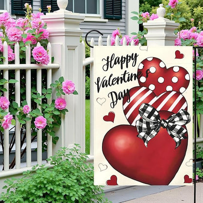 Valentines Day Garden Flag 12x18 Double Sided Happy Valentine’s Day Yard Banner with Red Hearts Polka Dot & Striped Love Heart Buffalo Plaid Bow Romantic Outdoor Decor for Porch Lawn Patio