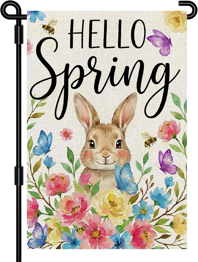 Hello Spring Garden Flag 12 x 18 Inch Double Sided Outside, Rabbit, Brightly Colored Bouquets, Hello Spring Easter Flag Yard Outdoor Easter Holiday Decoration