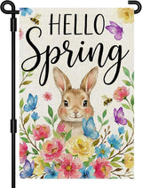 Hello Spring Garden Flag 12 x 18 Inch Double Sided Outside, Rabbit, Brightly Colored Bouquets, Hello Spring Easter Flag Yard Outdoor Easter Holiday Decoration