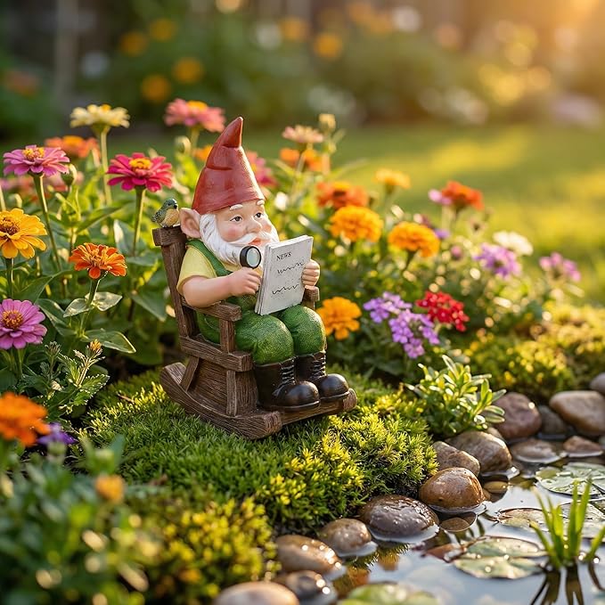 TERESA'S COLLECTIONS Garden Outdoor Decor,Gnomes Sitting in a Rocking Chair Reading a Newspaper，Gnomes Garden Decor, Waterproof Resin Garden Statue, Garden Gift, Indoor/Outdoor,7.9"