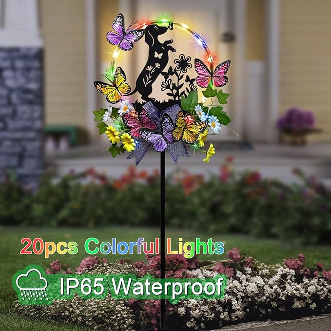 Solar Powered Garden Decor Outdoor,Colorful LED Lights Dachshund Decorations Yard Stakes for Garden,Pathway,Lawn,Patio,Dog Lover Gifts for Women