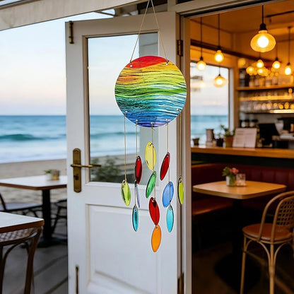 YU FENG Rainbow Stripe Disc Glass Wind Chime – Vibrant Colorful Hanging Decor for Indoor Spaces & Windows