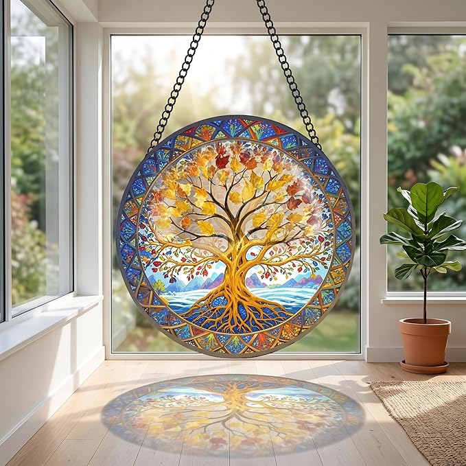 Stained Glass Window Hanging Tree of Life Suncatcher 8 Inch, Indoor Outdoor Wall Art Home Decor, Sun Catchers, Birthday for Women Men