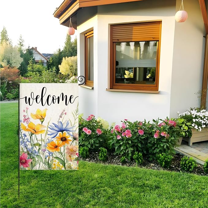 Welcome Summer Flowers Garden Flags for Outside, Watercolor Floral Yard Decoration, Small Seasonal Spring Outdoor Decor for Farmhouse Holiday,12x18 Inch Double Sided