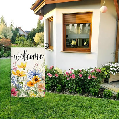 Welcome Summer Flowers Garden Flags for Outside, Watercolor Floral Yard Decoration, Small Seasonal Spring Outdoor Decor for Farmhouse Holiday,12x18 Inch Double Sided