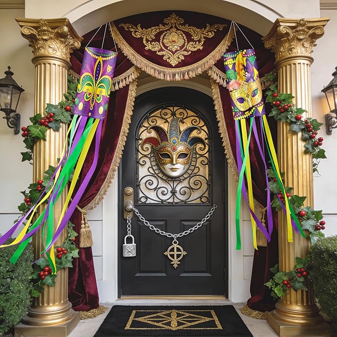 2 Pieces 40 Inches Mardi Gras Windsocks, Purple Green Yellow Flag Windsock Flag Mardi Gras Hanging Outdoor Decorations for Tree Home Garden Yard Patio Porch Lawn Holiday Party